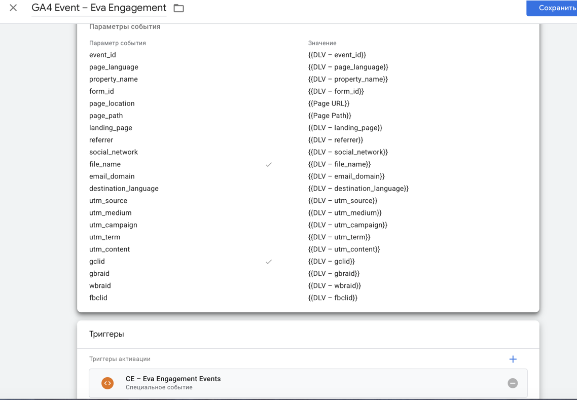 Параметры динамического GA4 Event tag