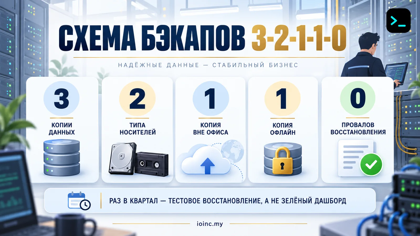 Резервное копирование серверов по схеме 3-2-1-1-0 с проверкой восстановления