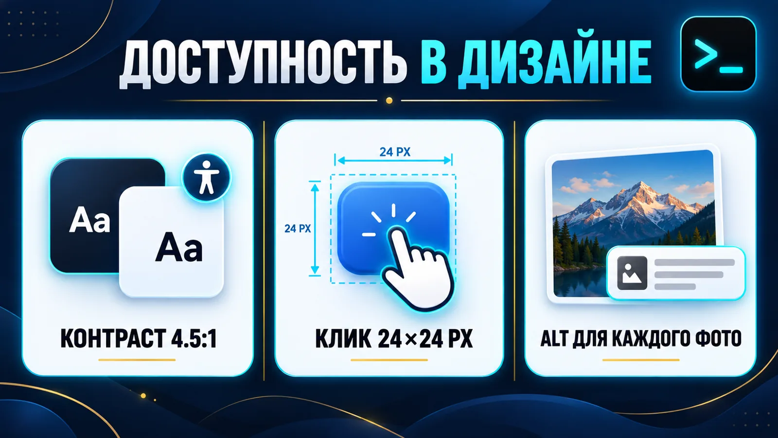 Доступность в веб-дизайне сайта: контраст 4.5 к 1, зона нажатия 24 на 24 пикселя, alt для изображений